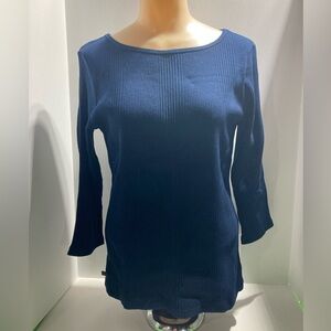Navy Blue Ribbed 3/4 Sleeve Knit Top